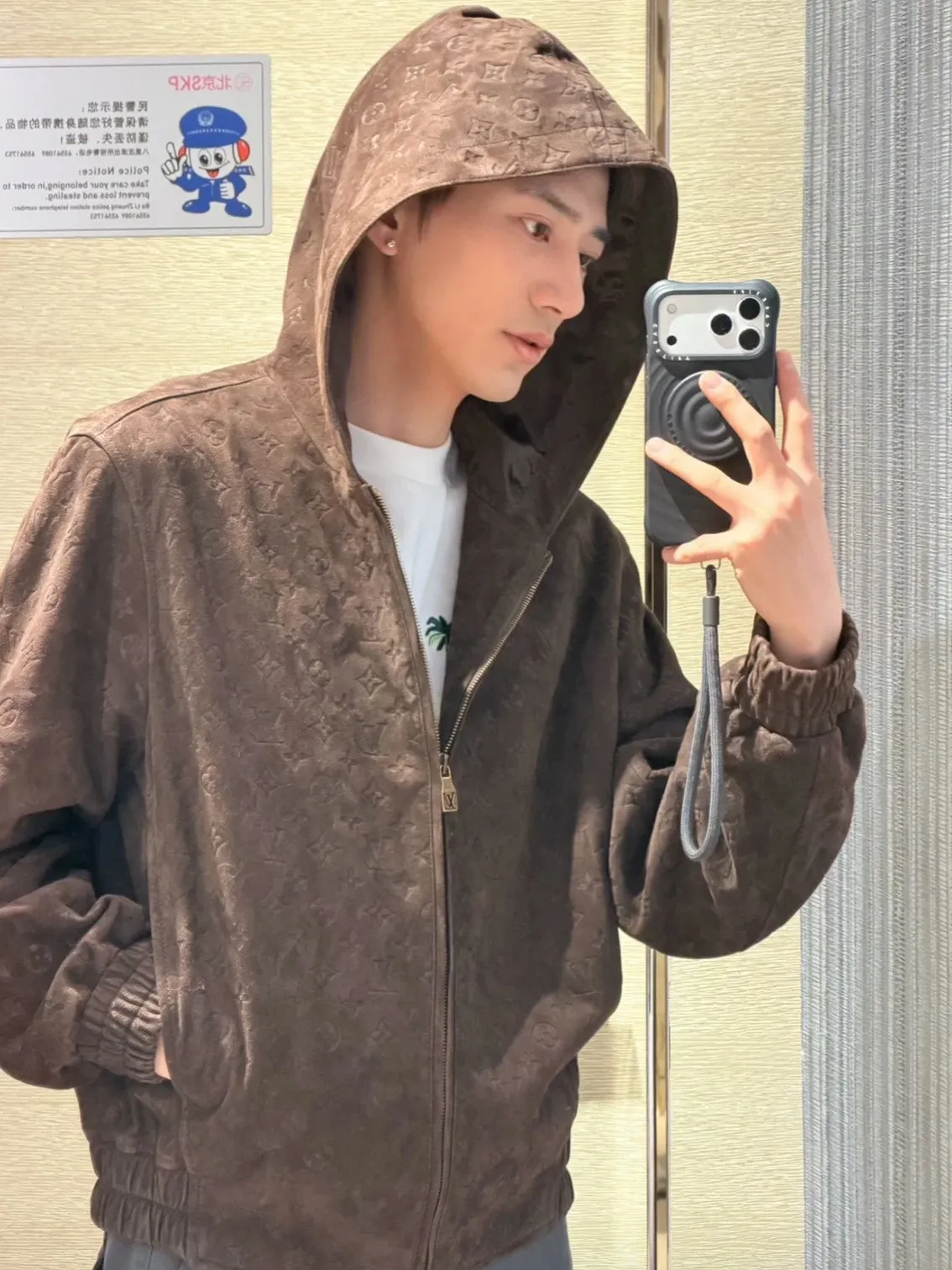 Louis Vuitton/embossed suede leather hooded jacket
